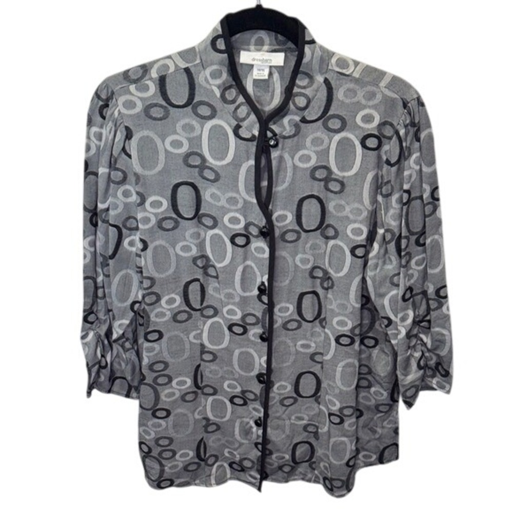 Dressbarn Woman Button Down‎ Top Gray Black Circle Print Size 14/16